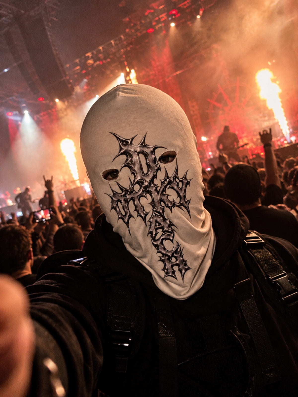 Lifestyle visualization of ANGEL SLAYER white gothic balaclava worn at a concert — festival and stage performance mask by OTKYDACH