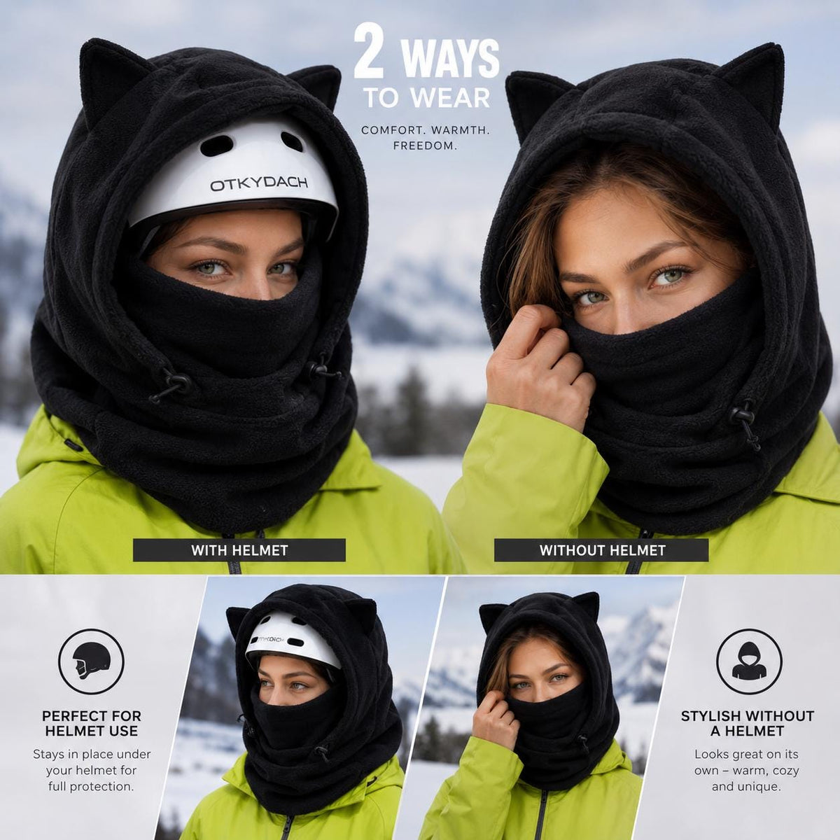 Cat ear winter hood shown in two wearing options with and without helmet, lime green jacket