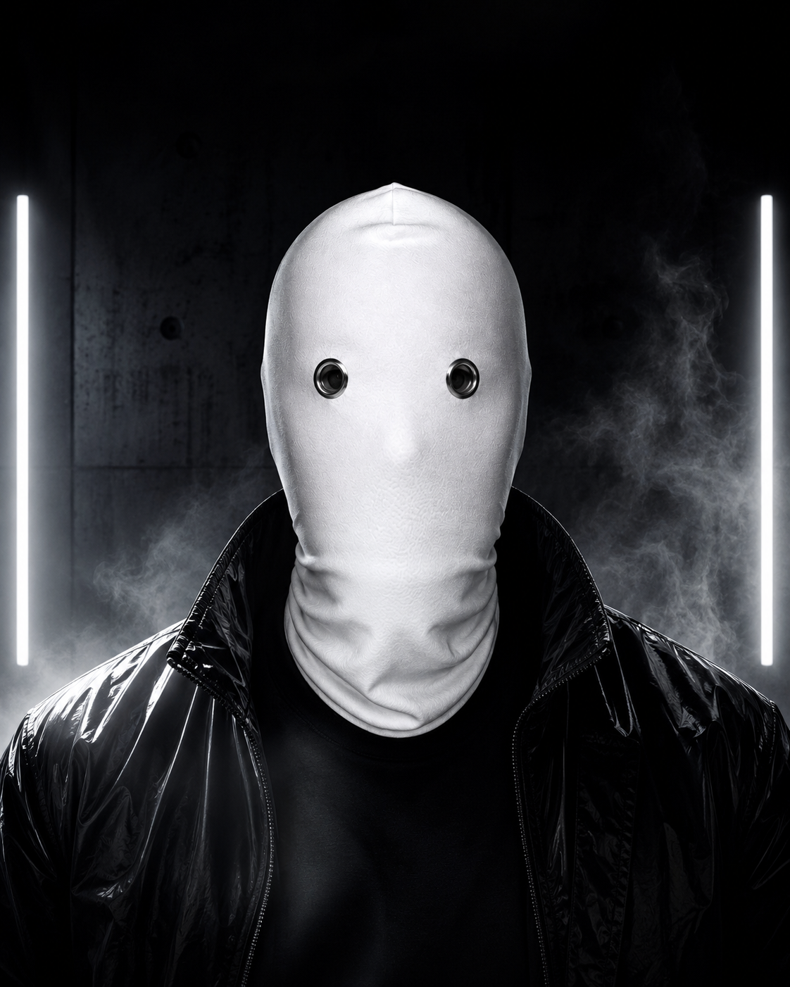 White balaclava with metal eyelets worn by model in cinematic studio