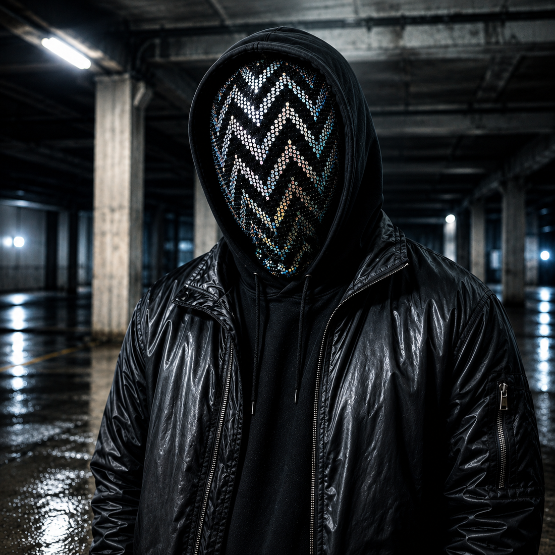 Frankie Pulitzer wearing the OTKYDACH black holographic zig-zag balaclava with reflective chevron pattern