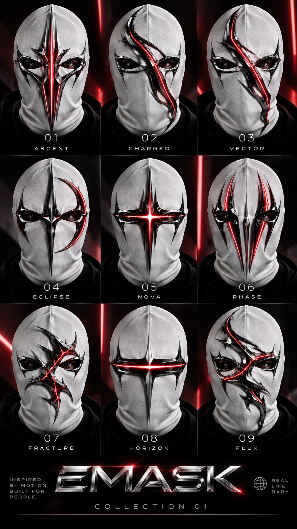 OTKYDACH EMASK Collection 01 featuring nine futuristic full-face mask designs in white