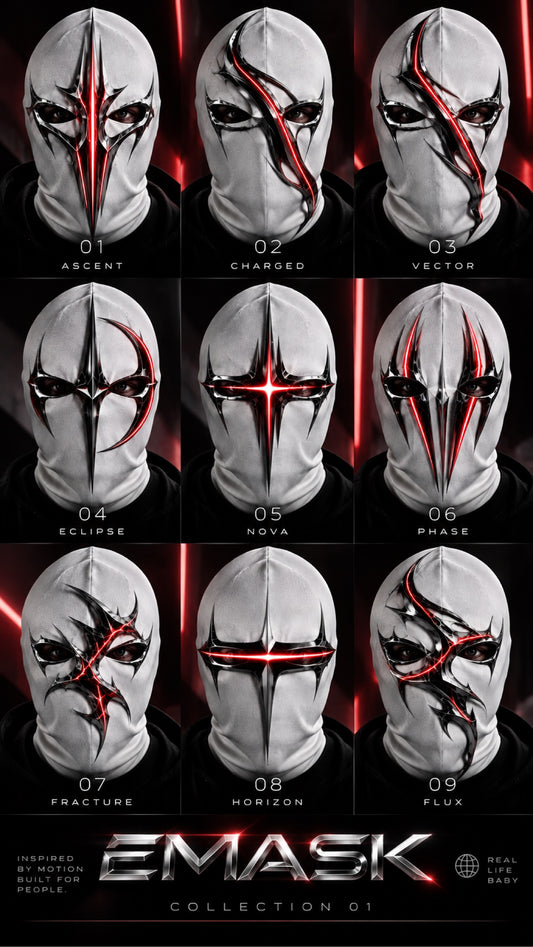 OTKYDACH EMASK Collection 01 featuring nine futuristic full-face mask designs in white