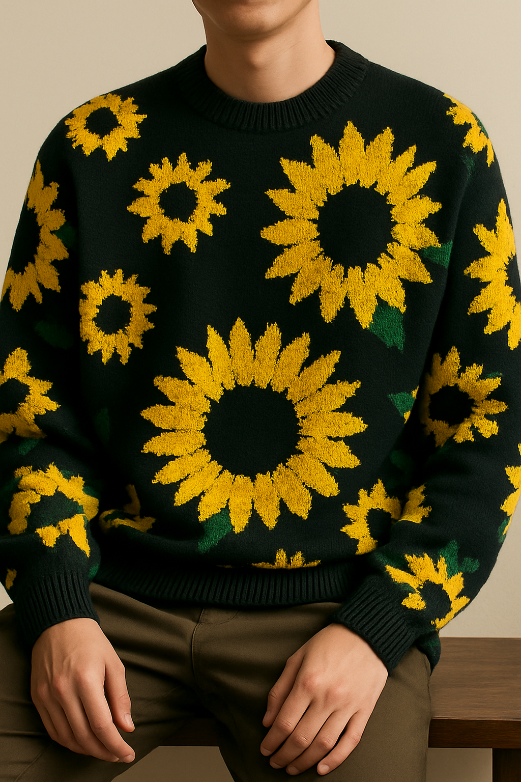 Sweater for Men Sunflower Knit OTKYDACH Oversized Black Pullover with Yellow Floral Pattern, Cozy
