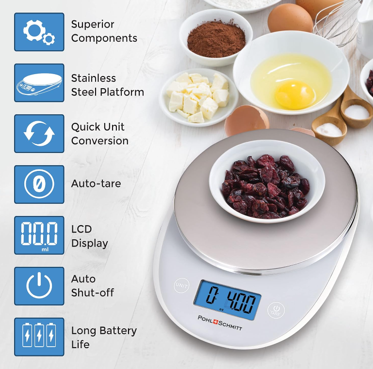 Digital Food Kitchen Scale - Multifunctional, Stainless Steel, Grey, 11lb Capacity