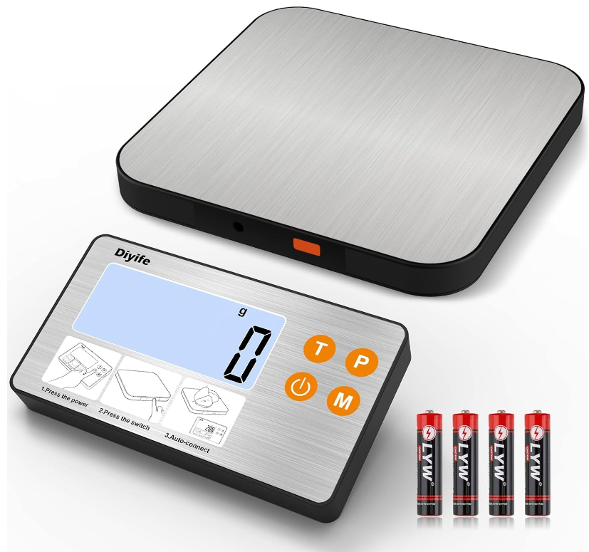 Digital kitchen scale with stainless steel surface, bright LCD screen, and included batteries