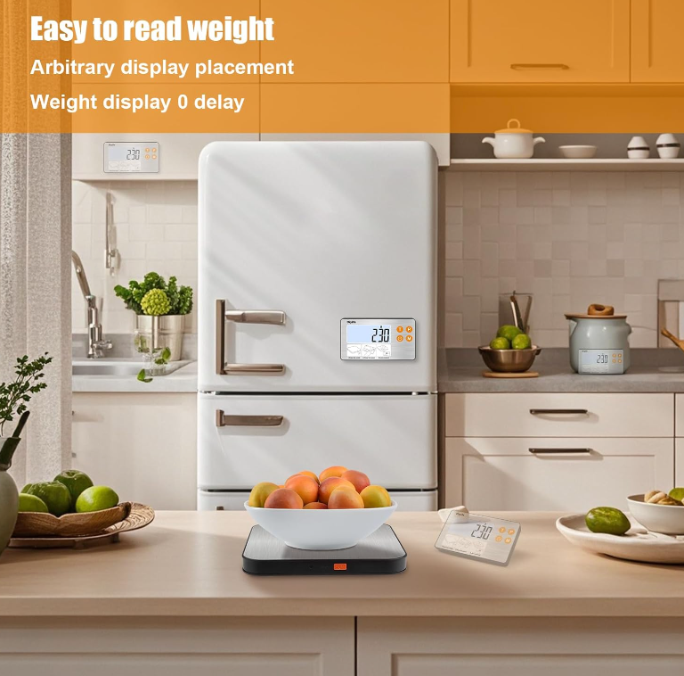 Modern kitchen with a digital scale displayed on the countertop