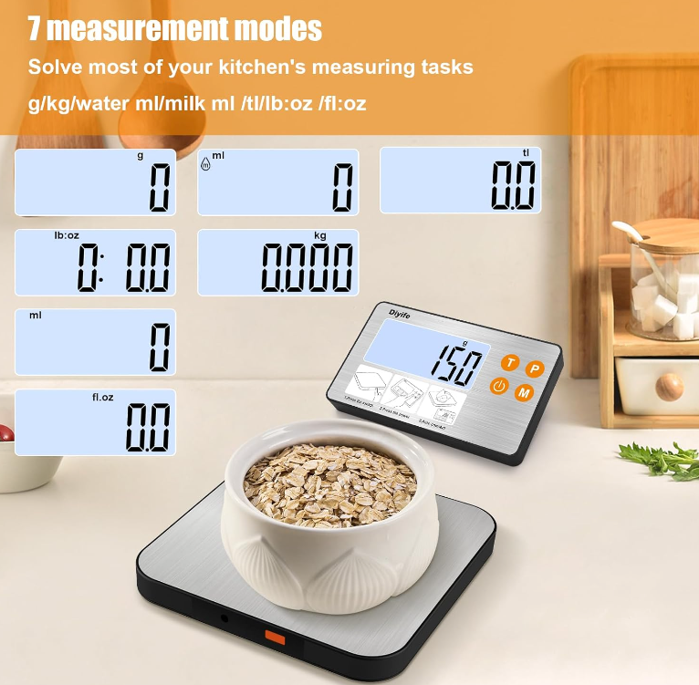 Digital kitchen scale measuring soup ingredients for precise cooking