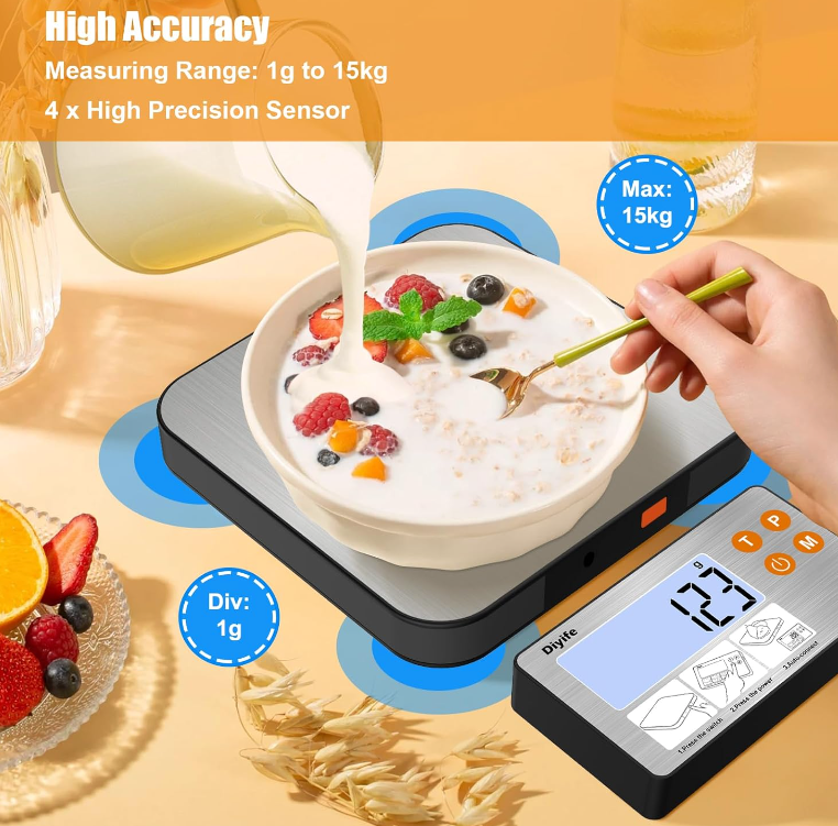 Demonstrating the tare function of the kitchen scale for subtracting bowl weight.