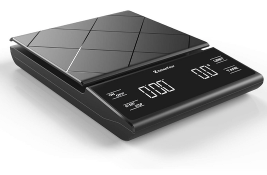 Modern black digital kitchen scale with a sleek design and clear LED display.