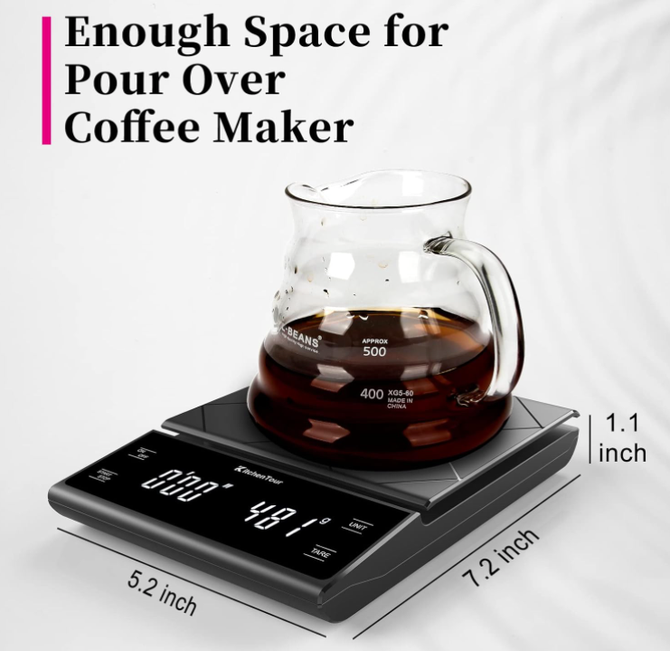 Black digital coffee scale perfectly sized to accommodate pour-over coffee makers