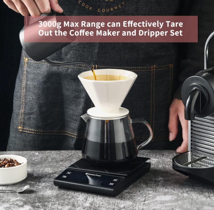 Digital coffee scale used in brewing coffee with a pour-over method, ensuring precise weight and timing