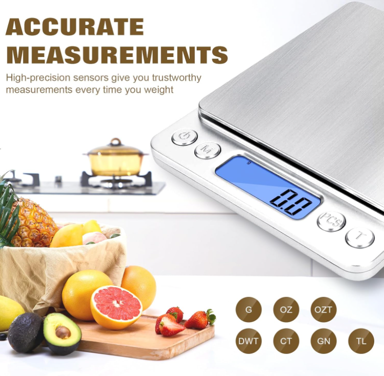 Rechargeable Food Scale - 3000g/105oz Capacity, Large LCD Display, Silver