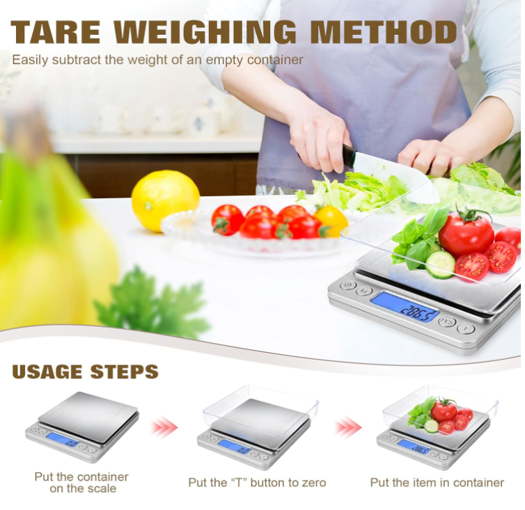 Rechargeable Food Scale - 3000g/105oz Capacity, Large LCD Display, Silver