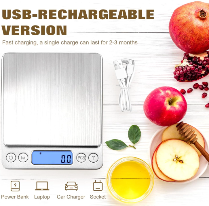 Rechargeable Food Scale - 3000g/105oz Capacity, Large LCD Display, Silver