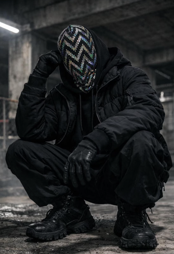 OTKYDACH black holographic full face mask worn with all-black techwear in a dark industrial setting, featuring a reflective chevron design