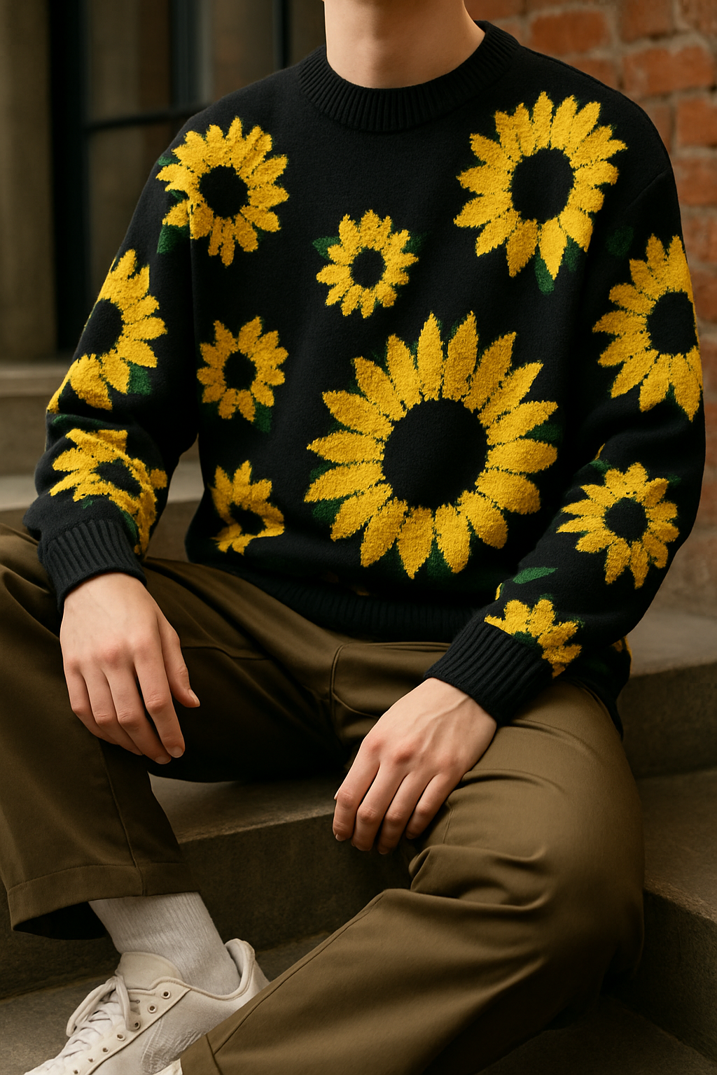 Sweater for Men Sunflower Knit OTKYDACH Oversized Black Pullover with Yellow Floral Pattern, Cozy