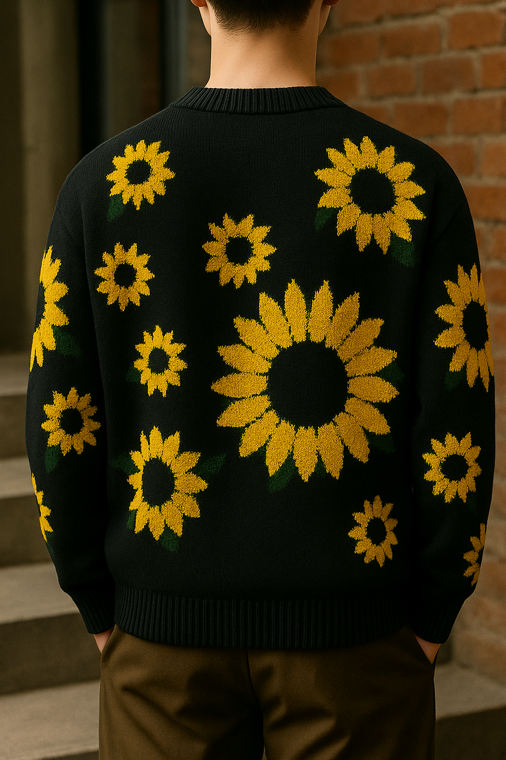 Sweater for Men Sunflower Knit OTKYDACH Oversized Black Pullover with Yellow Floral Pattern, Cozy