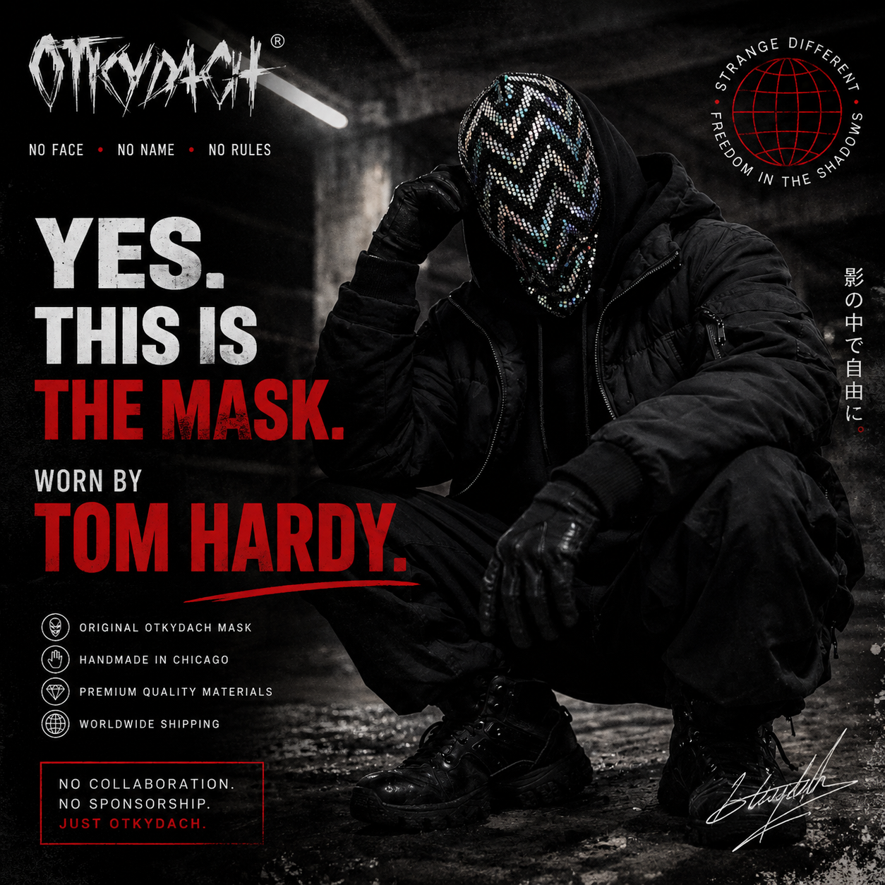 OTKYDACH black holographic full face mask worn by Tom Hardy, featuring a reflective silver chevron pattern