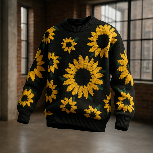 Sweater for Men Sunflower Knit OTKYDACH Oversized Black Pullover with Yellow Floral Pattern, Cozy