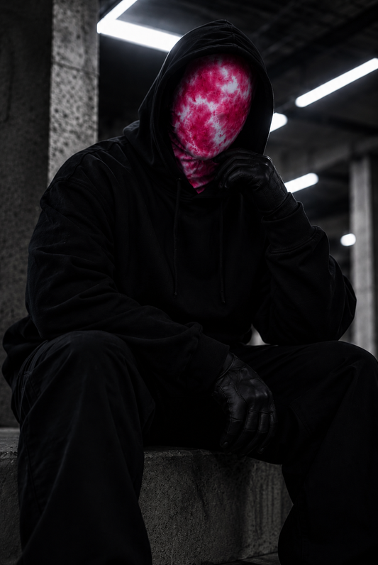 OTKYDACH SP826 pink tie dye full face balaclava mask worn with black streetwear in an industrial setting