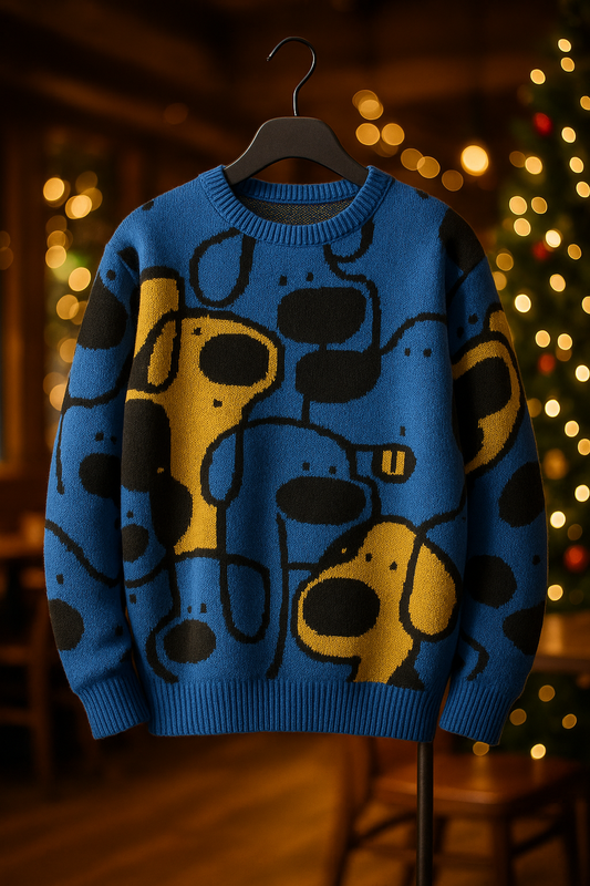 Unisex Blue Knitted Sweater with Playful Dog Pattern | Cozy Winter Pullover | Retro Art Knit for Holiday Season