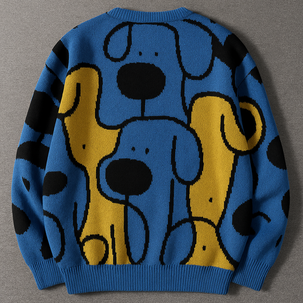 Unisex Blue Knitted Sweater with Playful Dog Pattern | Cozy Winter Pullover | Retro Art Knit for Holiday Season