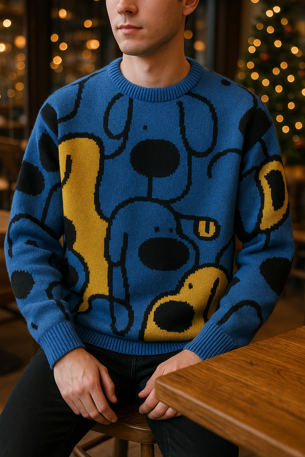 Unisex Blue Knitted Sweater with Playful Dog Pattern | Cozy Winter Pullover | Retro Art Knit for Holiday Season