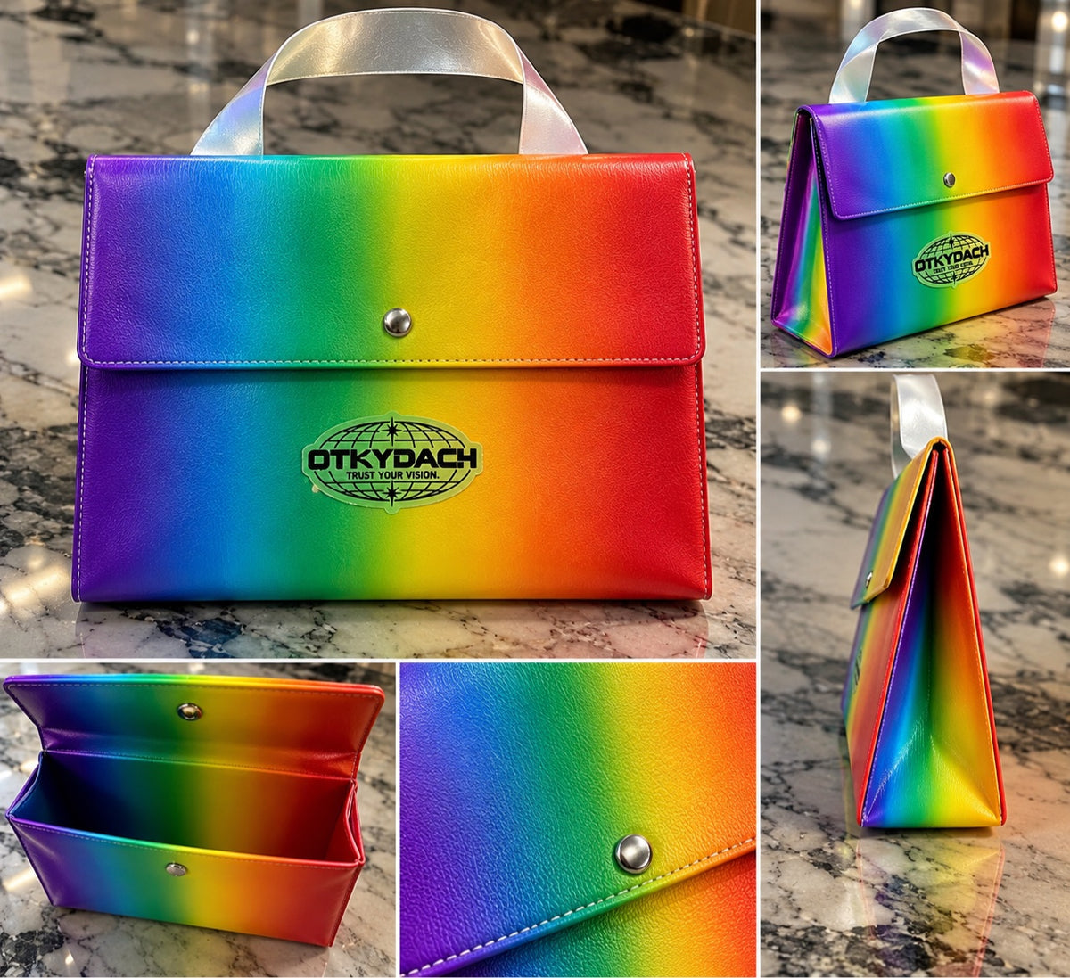 Luna's visualization of her dream Rainbow Bag in leather — the item for sale is her original cardboard prototype below
