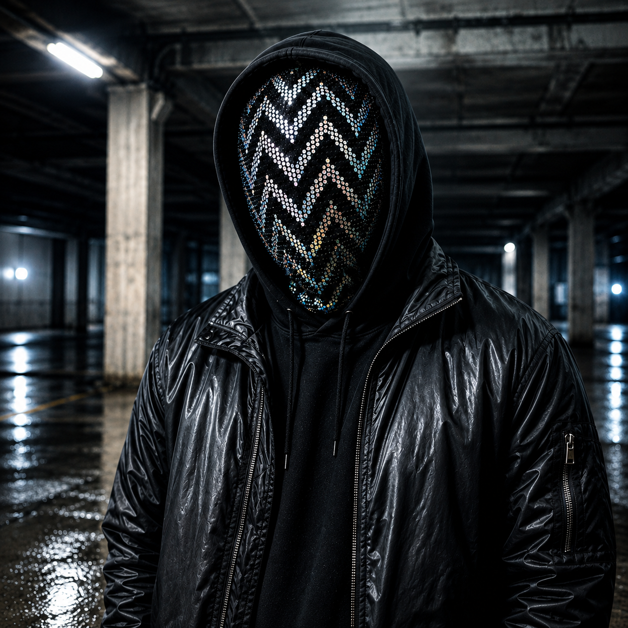 Black holographic full face mask by OTKYDACH with reflective chevron pattern, worn with black techwear in an industrial setting
