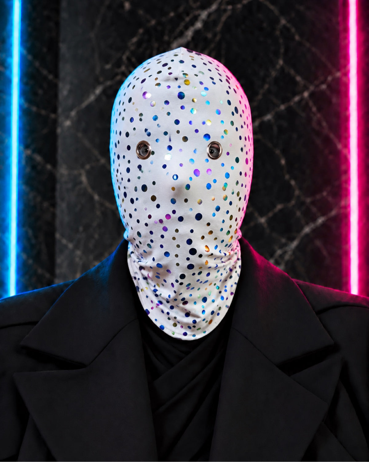 Full Face Mask Holographic Dots – White Confetti Balaclava with Eyelets