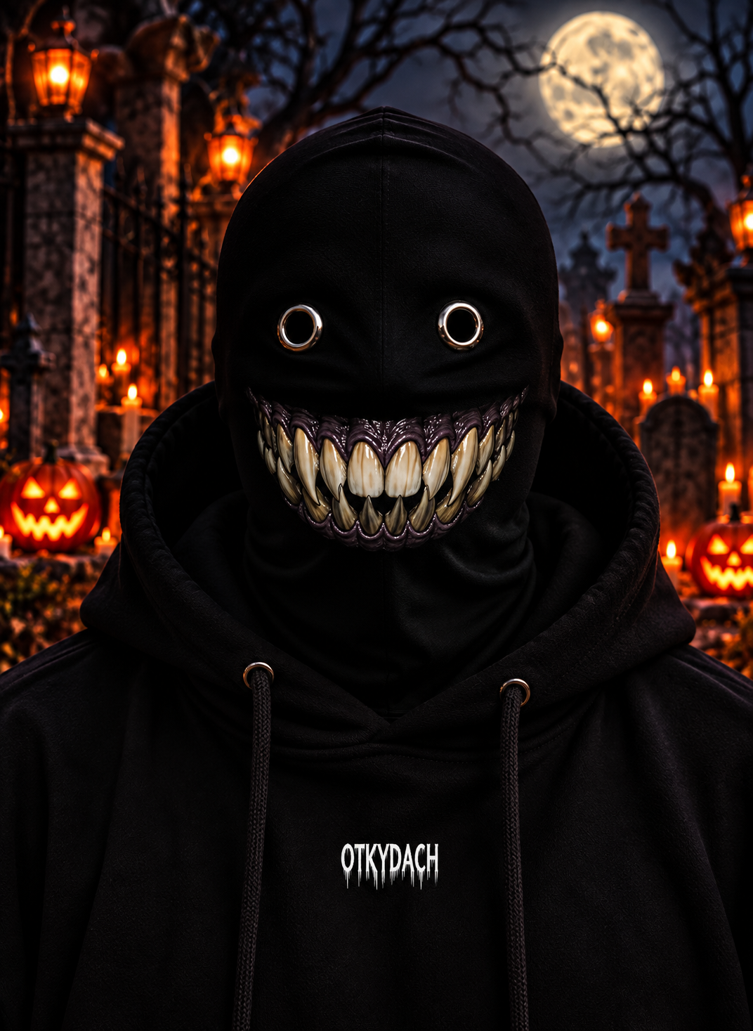 A person wearing a black hooded mask with eye holes and a dark purple-brown aged maw, photographed outdoors at night in a Halloween-lit cemetery. The hoodie has the word 'OTKYDACH' printed in white on the chest.