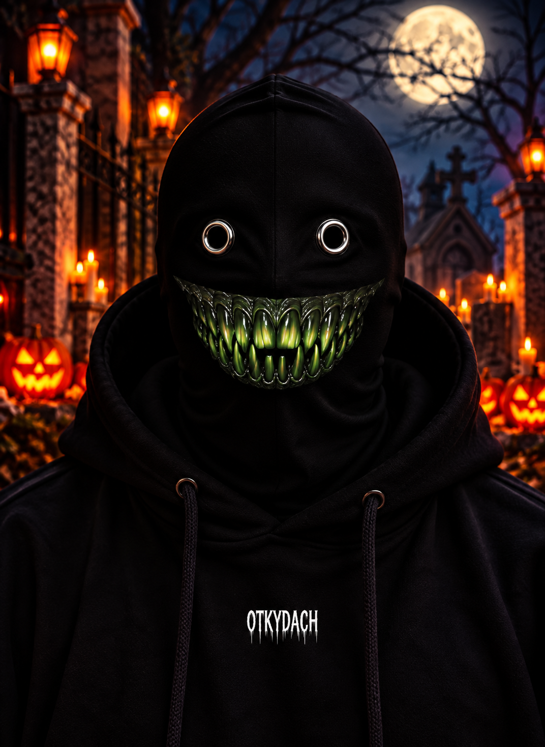 A person wearing a black hooded mask with eye holes and a row of antique bronze teeth, photographed outdoors at night in a Halloween-lit cemetery. The hoodie has the word 'OTKYDACH' printed in white on the chest.