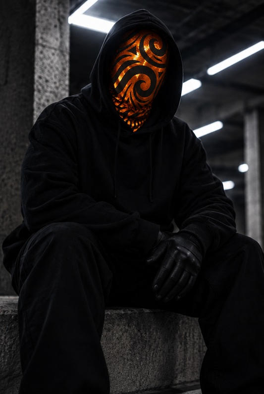 OTKYDACH SP826 orange and black reflective full face balaclava mask worn with black streetwear in an industrial setting