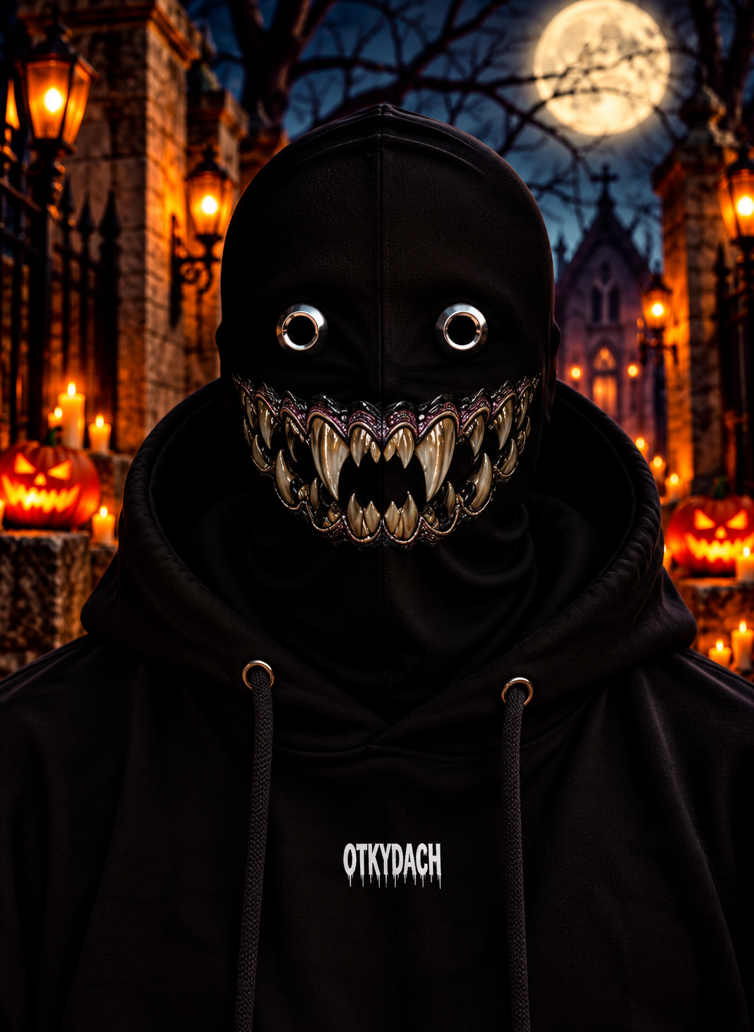 A person wearing a black hooded mask with eye holes and blood-red horror fangs, photographed outdoors at night in a Halloween-lit cemetery. The hoodie has the word 'OTKYDACH' printed in white on the chest.