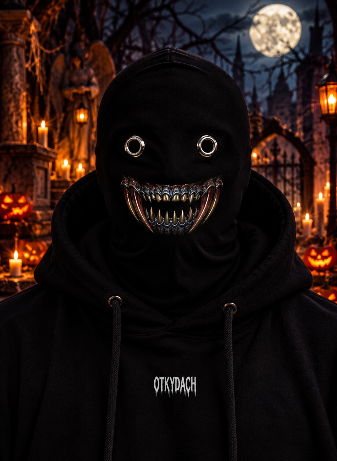 A person wearing a black hooded mask with eye holes and a pair of bloody vampire fangs biting, photographed outdoors at night in a Halloween-lit cemetery. The hoodie has the word 'OTKYDACH' printed in white on the chest.