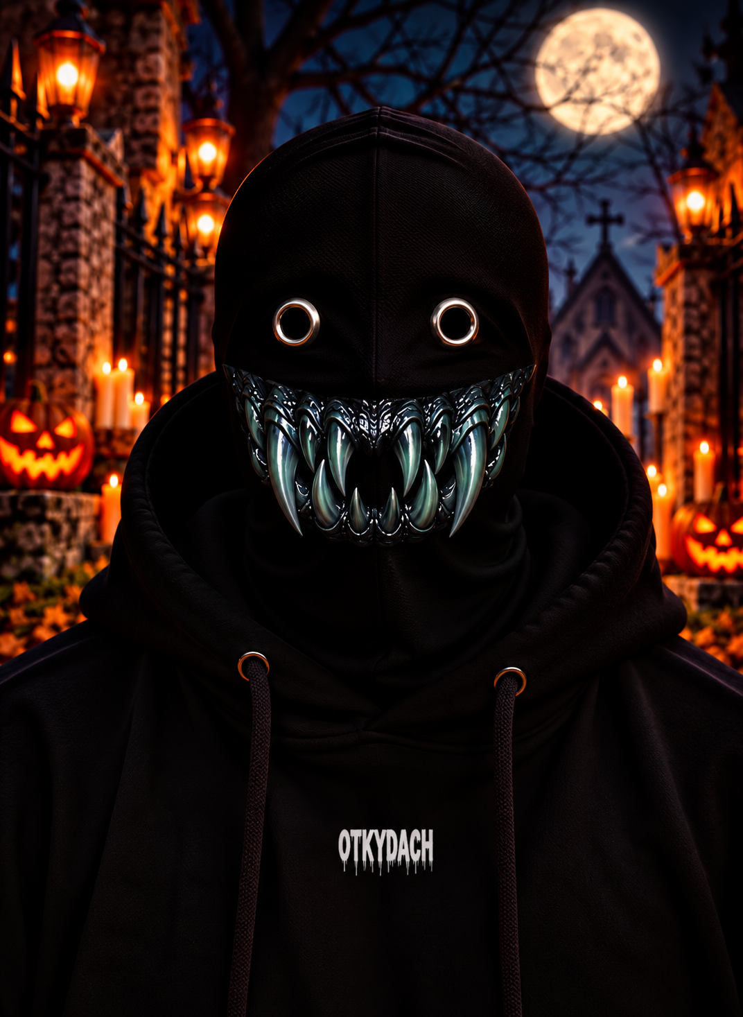 A person wearing a black hooded mask with eye holes and a row of bone-white chompers, photographed outdoors at night in a Halloween-lit cemetery. The hoodie has the word 'OTKYDACH' printed in white on the chest.