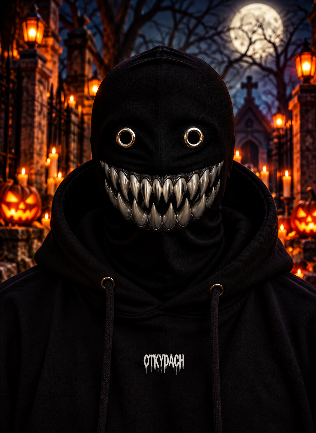 A person wearing a black hooded mask with eye holes and a row of bone-white sharp teeth, photographed outdoors at night in a Halloween-lit cemetery. The hoodie has the word 'OTKYDACH' printed in white on the chest.