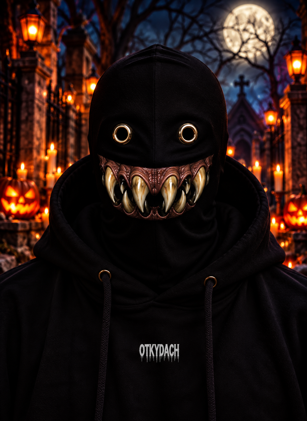 A person wearing a black hooded mask with eye holes and a pair of bone-white vampire fangs, photographed outdoors at night in a Halloween-lit cemetery. The hoodie has the word 'OTKYDACH' printed in white on the chest.