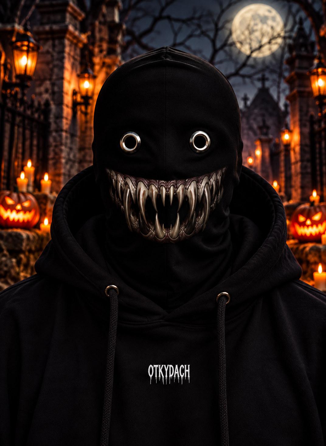 A person wearing a black hooded mask with eye holes and a row of dark bronze-gold sharp teeth, photographed outdoors at night in a Halloween-lit cemetery. The hoodie has the word 'OTKYDACH' printed in white on the chest.