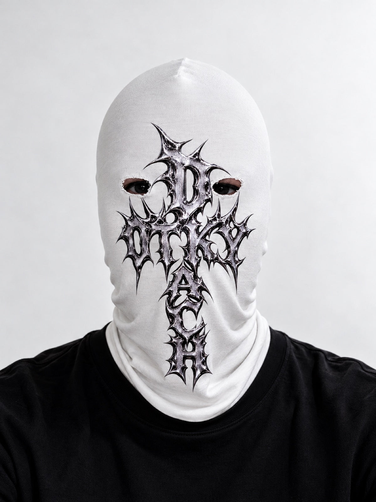 ANGEL SLAYER white gothic balaclava mask by OTKYDACH — front view with chrome-inspired gothic graphic and raw-cut eye openings, studio portrait