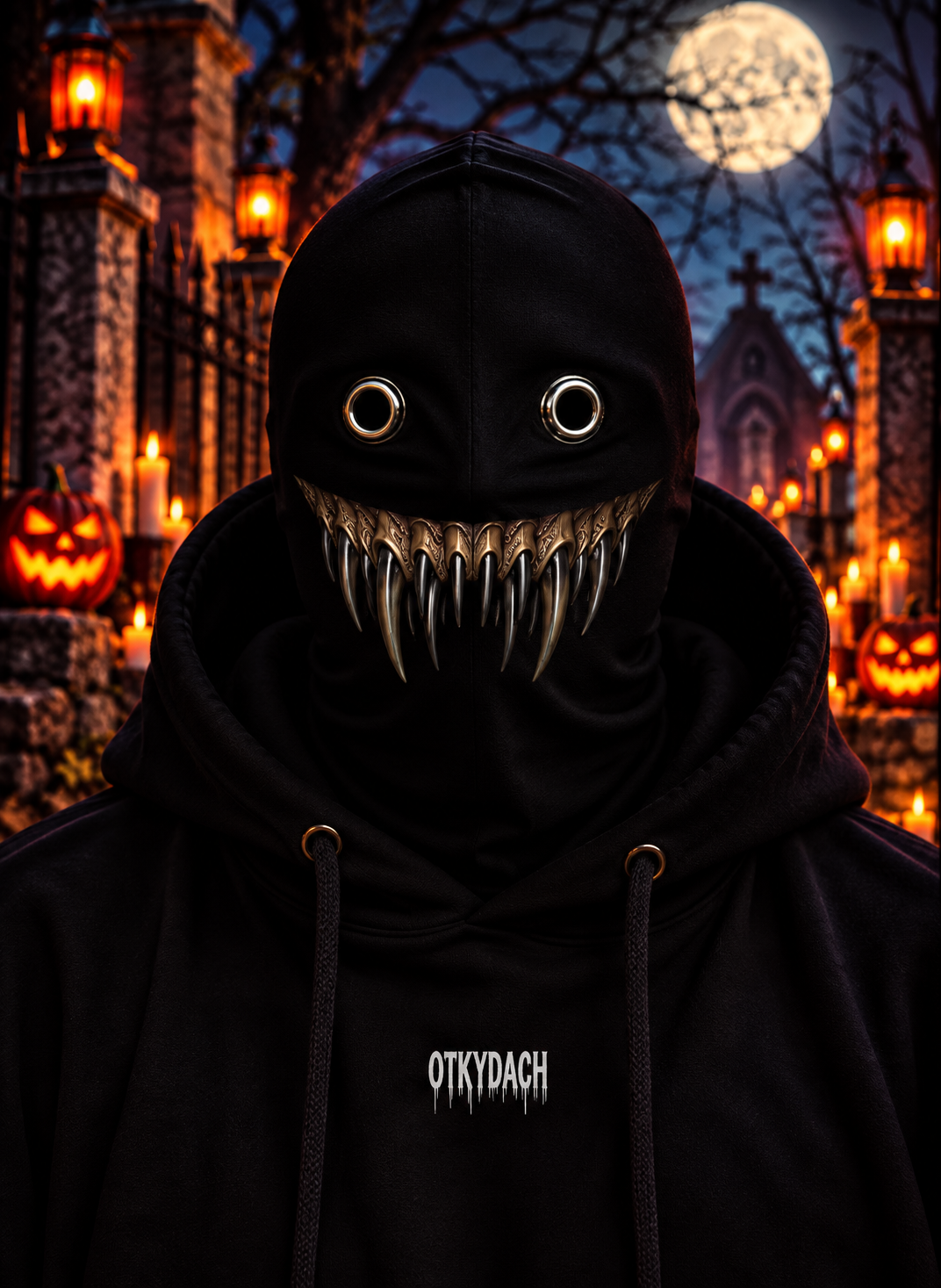 A person wearing a black hooded mask with eye holes and a wide copper grin with one fang, photographed outdoors at night in a Halloween-lit cemetery. The hoodie has the word 'OTKYDACH' printed in white on the chest.