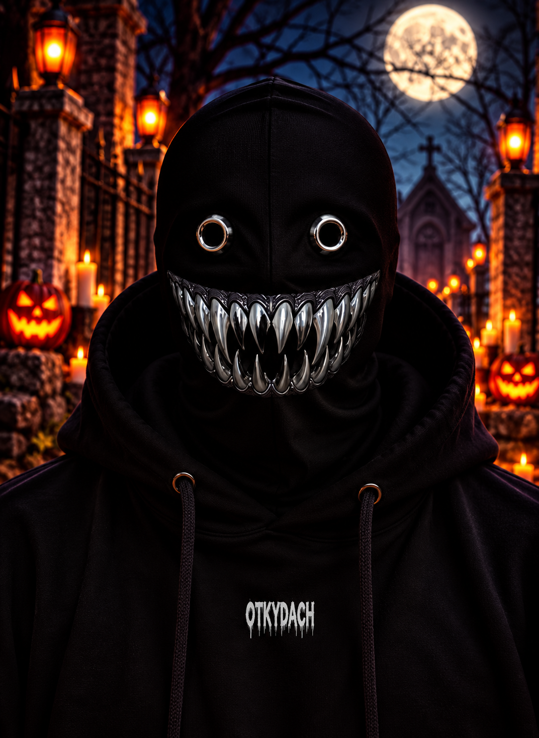 A person wearing a black hooded mask with eye holes and a wide copper snarl with twisted wire-like teeth, photographed outdoors at night in a Halloween-lit cemetery. The hoodie has the word 'OTKYDACH' printed in white on the chest.