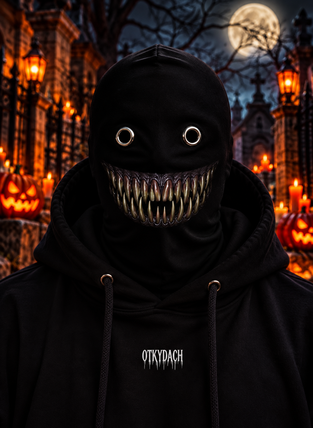 A person wearing a black hooded mask with eye holes and a row of small dark bronze sharp teeth, photographed outdoors at night in a Halloween-lit cemetery. The hoodie has the word 'OTKYDACH' printed in white on the chest.