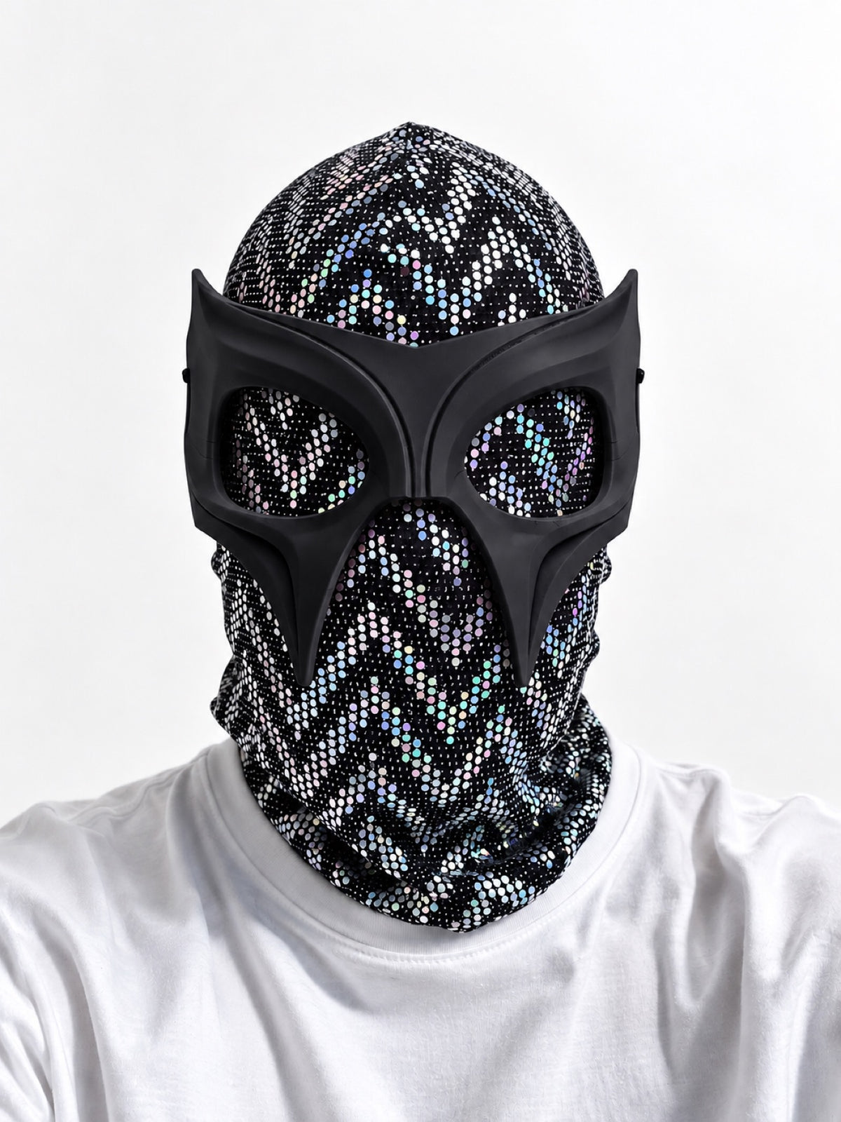 OTKYDACH DYNASTY black 3D printed plastic mask worn over a holographic balaclava — balaclava not included