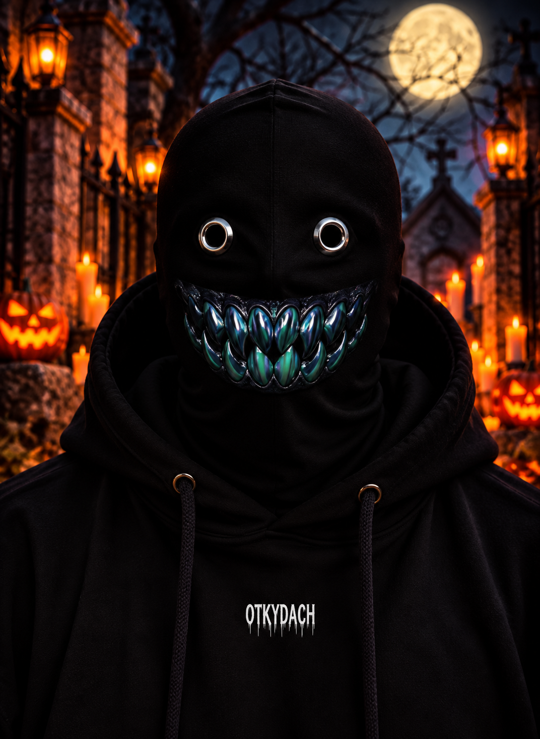A person wearing a black hooded mask with eye holes and a gold-and-gunmetal maw, photographed outdoors at night in a Halloween-lit cemetery. The hoodie has the word 'OTKYDACH' printed in white on the chest.