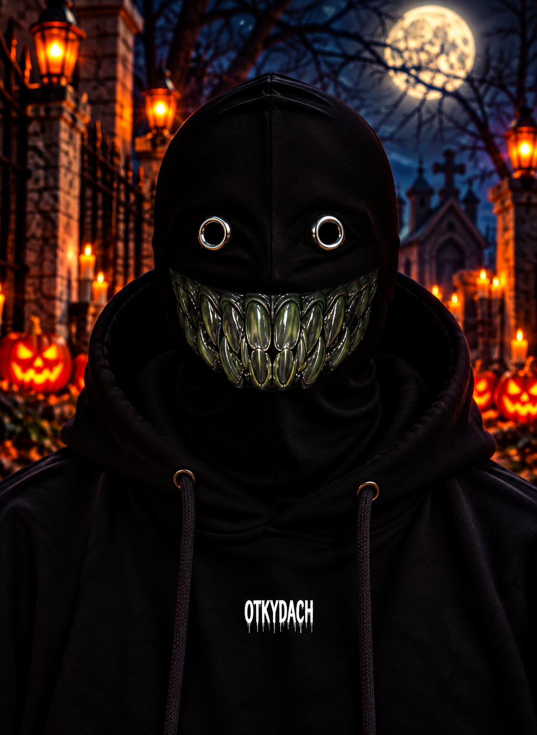 A person wearing a black hooded mask with eye holes and a golden snarling mouth with fangs, photographed outdoors at night in a Halloween-lit cemetery. The hoodie has the word 'OTKYDACH' printed in white on the chest.