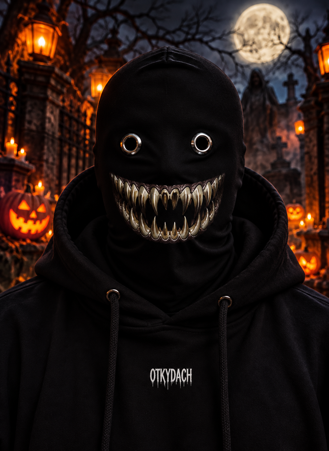 A person wearing a black hooded mask with eye holes and a pair of long golden vampire fangs, photographed outdoors at night in a Halloween-lit cemetery. The hoodie has the word 'OTKYDACH' printed in white on the chest.