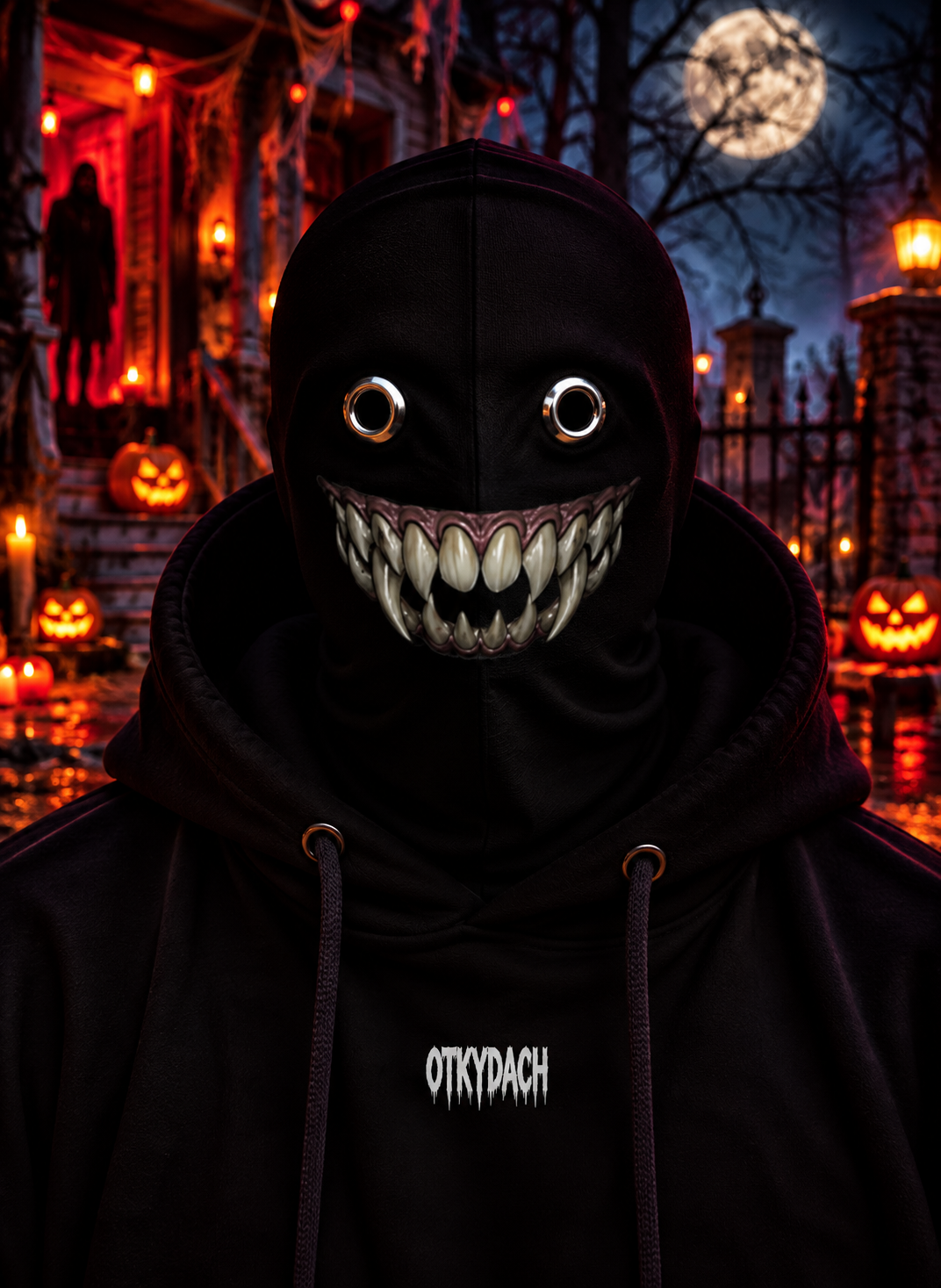 A person wearing a black hooded mask with eye holes and a row of gunmetal-silver ripping teeth, photographed outdoors at night in a Halloween-lit cemetery. The hoodie has the word 'OTKYDACH' printed in white on the chest.