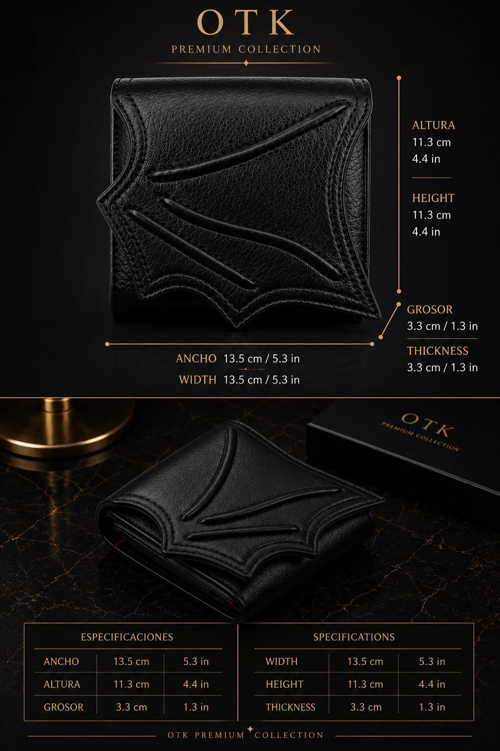 Compact black leather wallet dimensions 5.3 x 4.4 x 1.3 inches