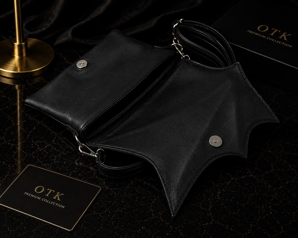 Gothic bat wing shoulder bag with magnetic clasp and thin strap, gift box packaging